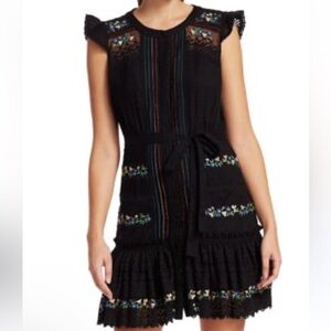 Saloni Bea Pintiuck Ruffle Cap Sleeve Embroidered Black Dress
